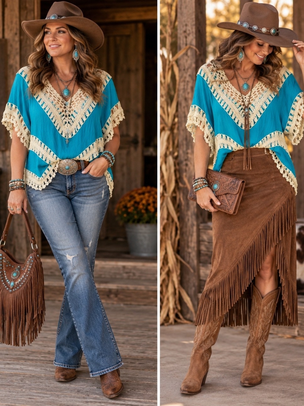 Umgee Turquoise V-Neck Tunic with Cream Crochet Trim